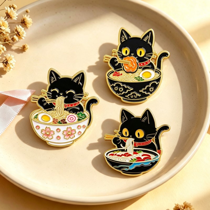 Enamel Pin Set - Cute Black Cat Eating Noodles Enamel