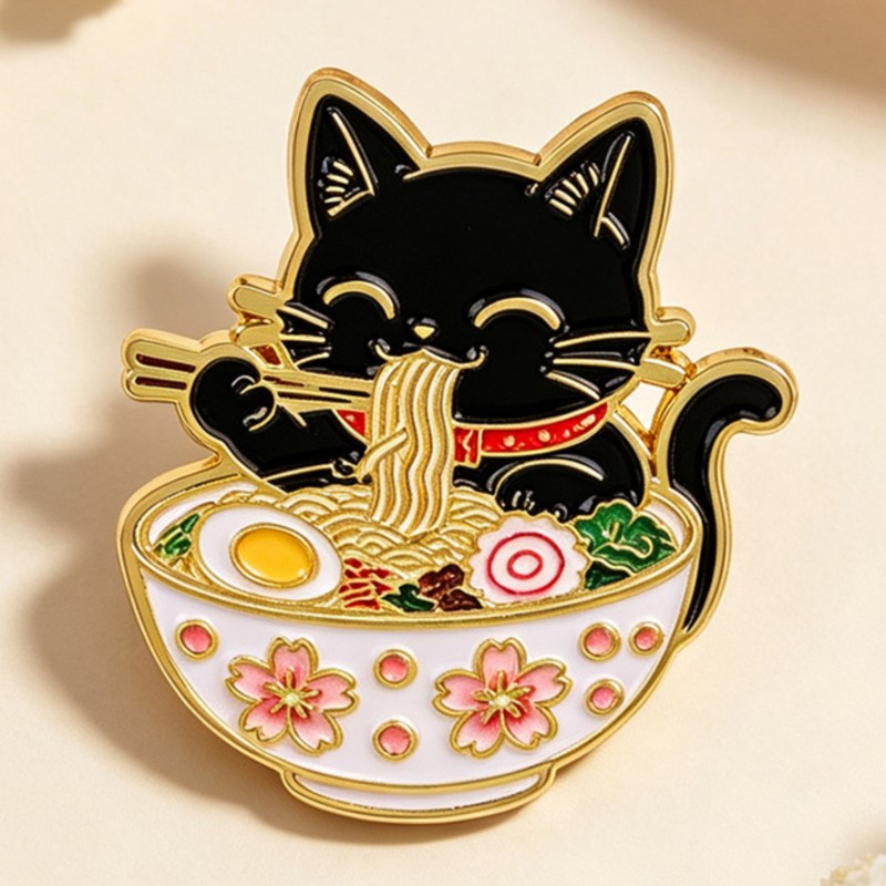 Cute Black Cat Eating Noodles  - Enamel Pin Set recension och pris